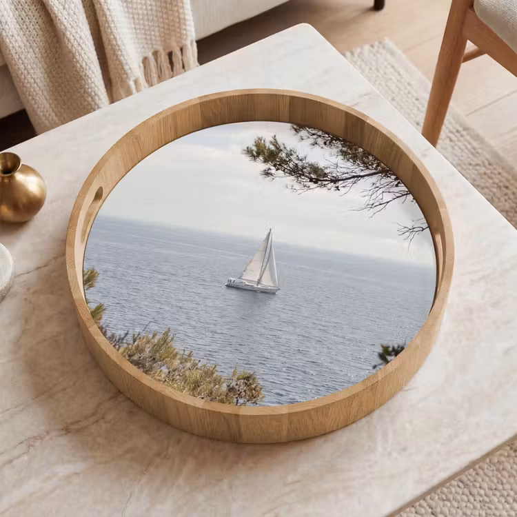 Tray - Sailboat - trees - water - Zeilboot - bomen - water Dienblad Rond middel