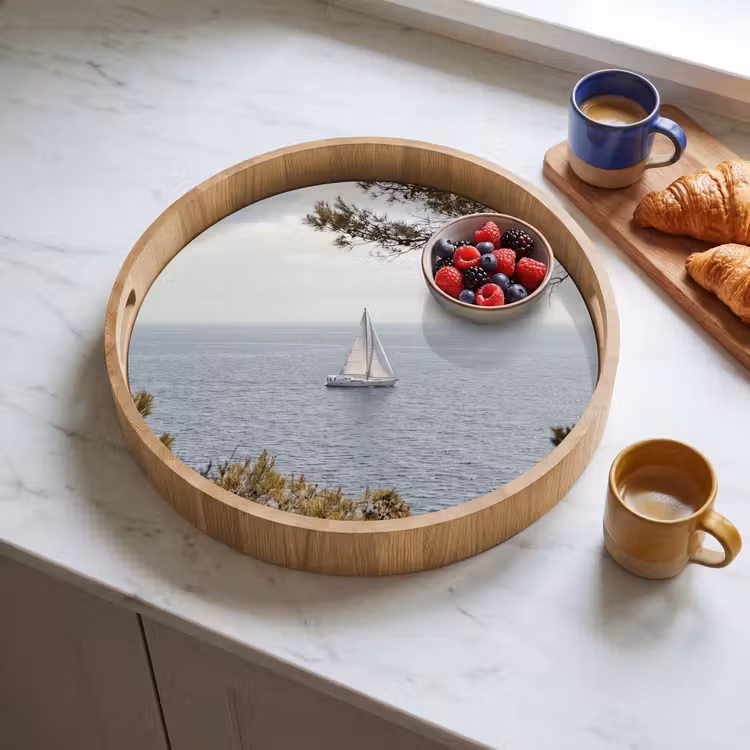Tray - Sailboat - trees - water - Zeilboot - bomen - water Dienblad Rond middel