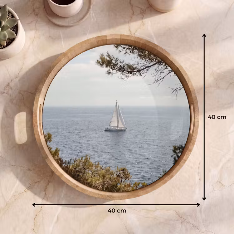 Tray - Sailboat - trees - water - Zeilboot - bomen - water Dienblad Rond middel