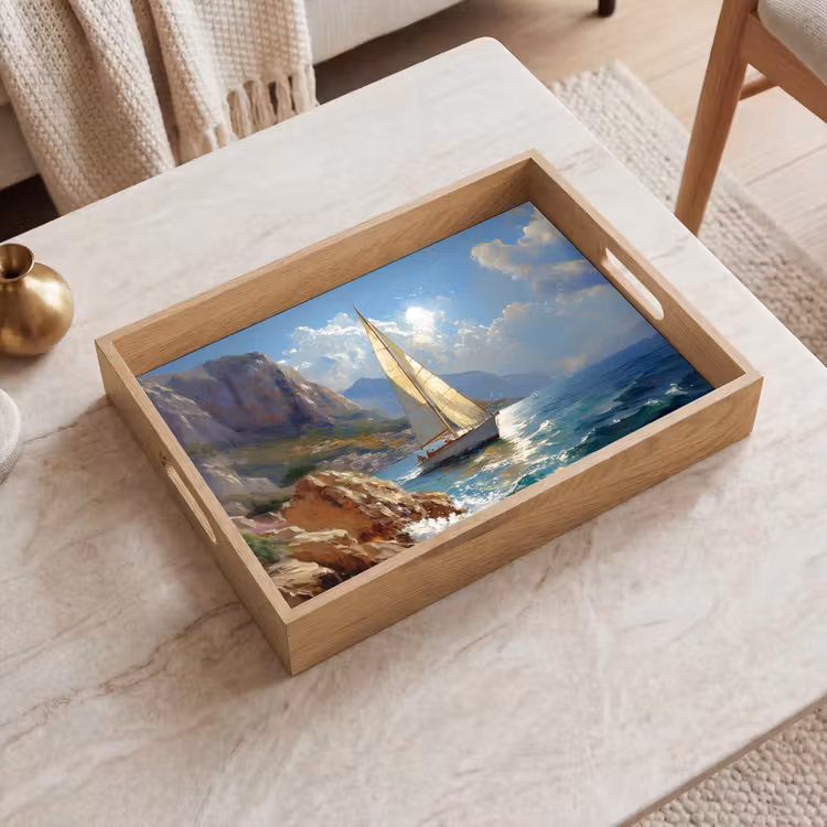 Zeilschip - Zee - Rotsen - Wolken Dienblad Rechthoek middel -sfeer1
