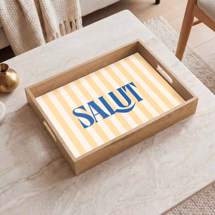 Salut - Quote - Strepen - Geel - Blauw - Wit Dienblad Rechthoek middel -sfeer1