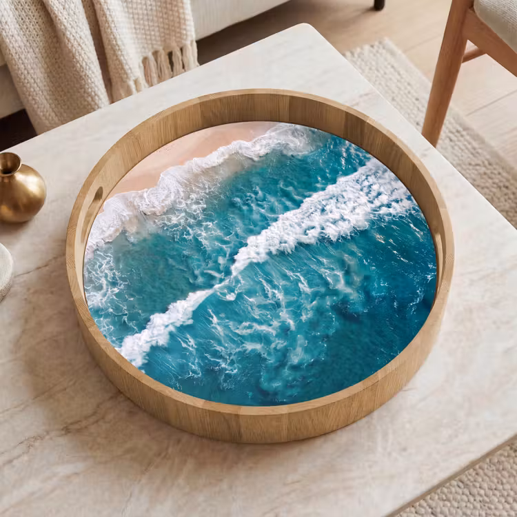 Zee - Strand - Golven - Natuur - Blauw Dienblad Rond middel -sfeer1