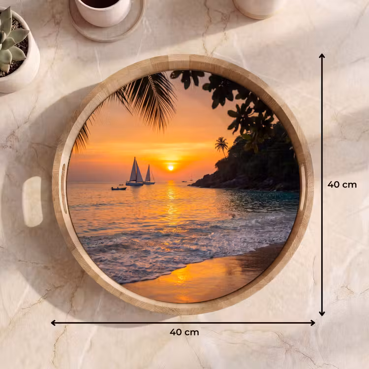 Zee - Zonsondergang - Boot - Natuur - Oranje Dienblad Rond middel -USP_Formaat