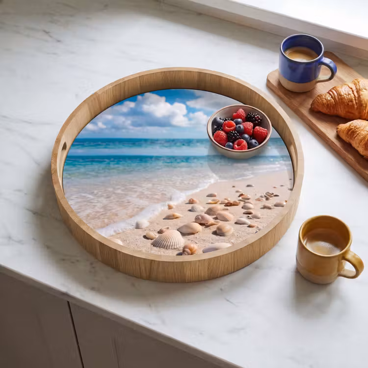 Schelpen - Strand - Natuur - Beige Dienblad Rond middel -sfeer2