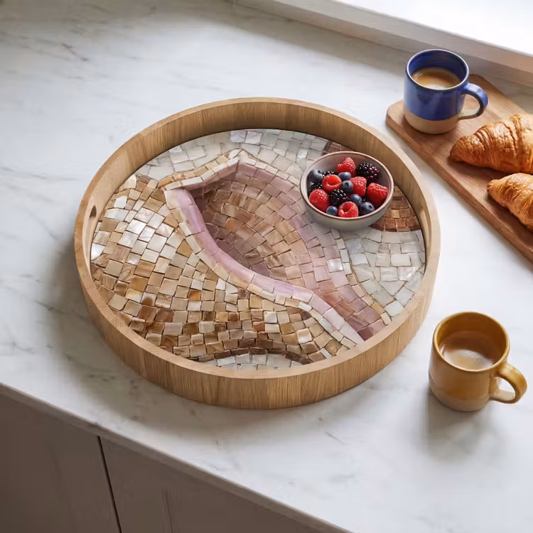 Schelp - Mozaïek - Zee - Beige - Modern Dienblad Rond middel -sfeer2