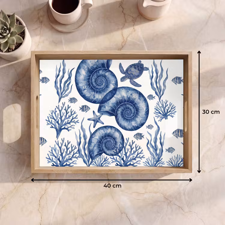 Schelp - Spiraal - Zeeleven - Aquarel - Blauw Dienblad Rechthoek middel -USP_Formaat