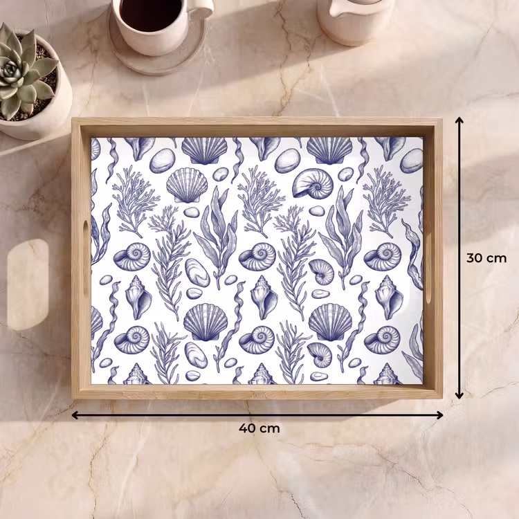 Schelpen - Zeewier - Oceaan - Illustratie - Blauw Dienblad Rechthoek middel -USP_Formaat