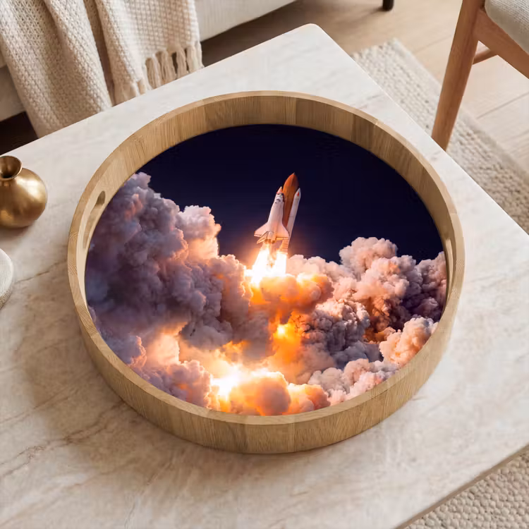 Tray - Spacecraft - Launch - Stars - Ruimtevaartuig - Lancering - Sterren Dienblad Rond middel