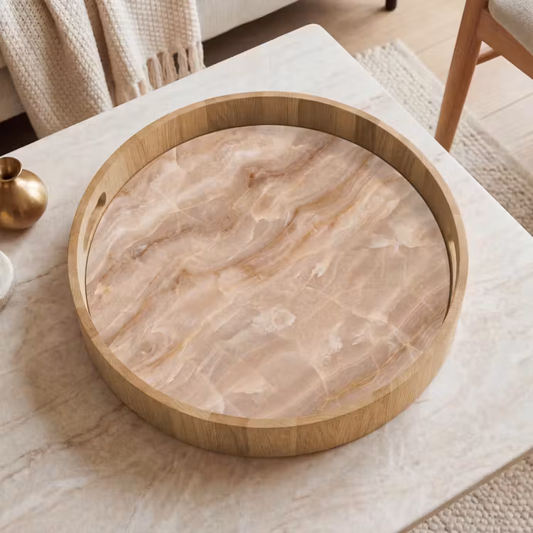 Steen - Ader - Natuur - Modern - Beige Dienblad Rond middel -sfeer1