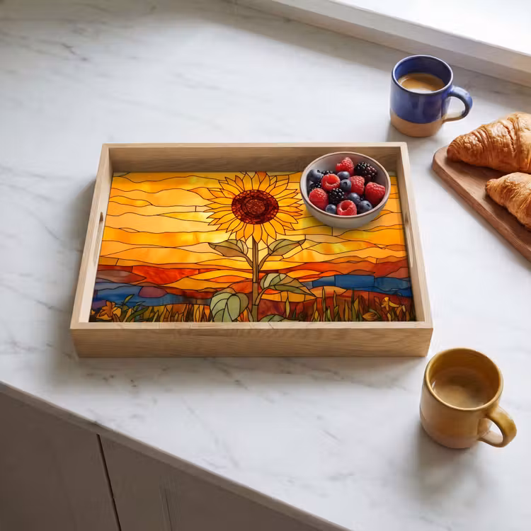 Zonnebloem - Mozaïek - Zonsondergang - Geel Dienblad Rechthoek middel -sfeer2