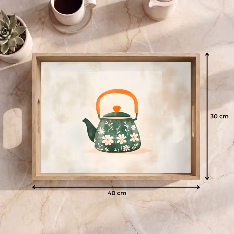Theepot - Groen - Bloemen - Oranje Dienblad Rechthoek middel -USP_Formaat