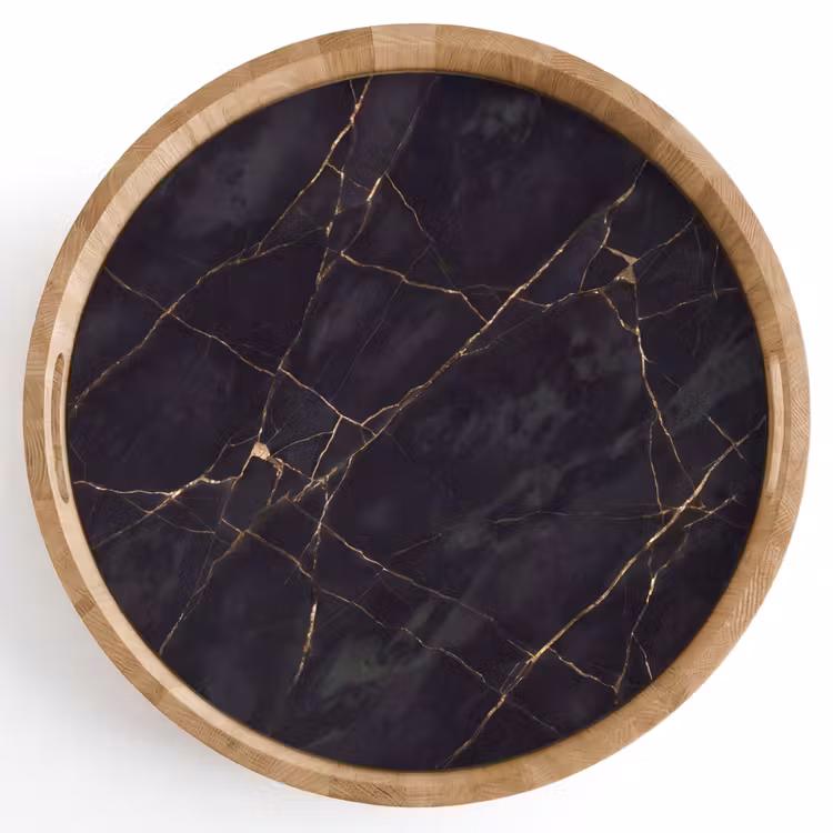 Textuur - Gouden lijnen - Abstract - Modern - Zwart Dienblad Rond middel -z3d_shopping