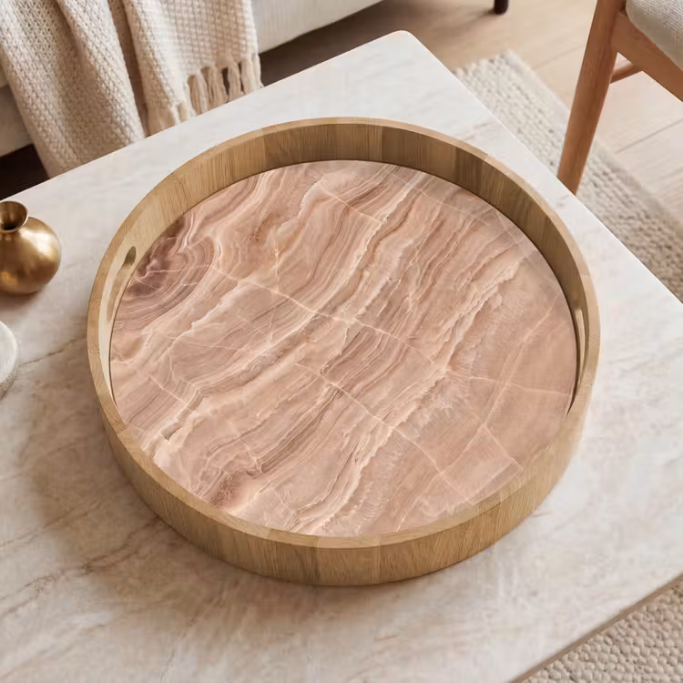Textuur - Golvend - Abstract - Warm - Bruin Dienblad Rond middel -sfeer1