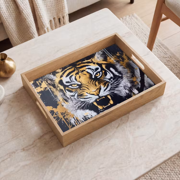 Tijger - Verfspatten - Goud Dienblad Rechthoek middel -sfeer1