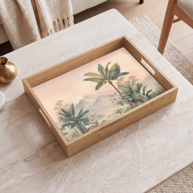 Tropisch landschap - palmbomen - Bloemen - Roze lucht Dienblad Rechthoek middel -sfeer1