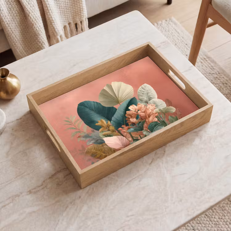 Tropische bladeren - Bloemen - Roze - groen Dienblad Rechthoek middel -sfeer1