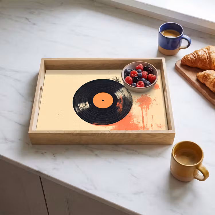 Vinylplaat - Zwart - Verfspatten - Retro Dienblad Rechthoek middel -sfeer2