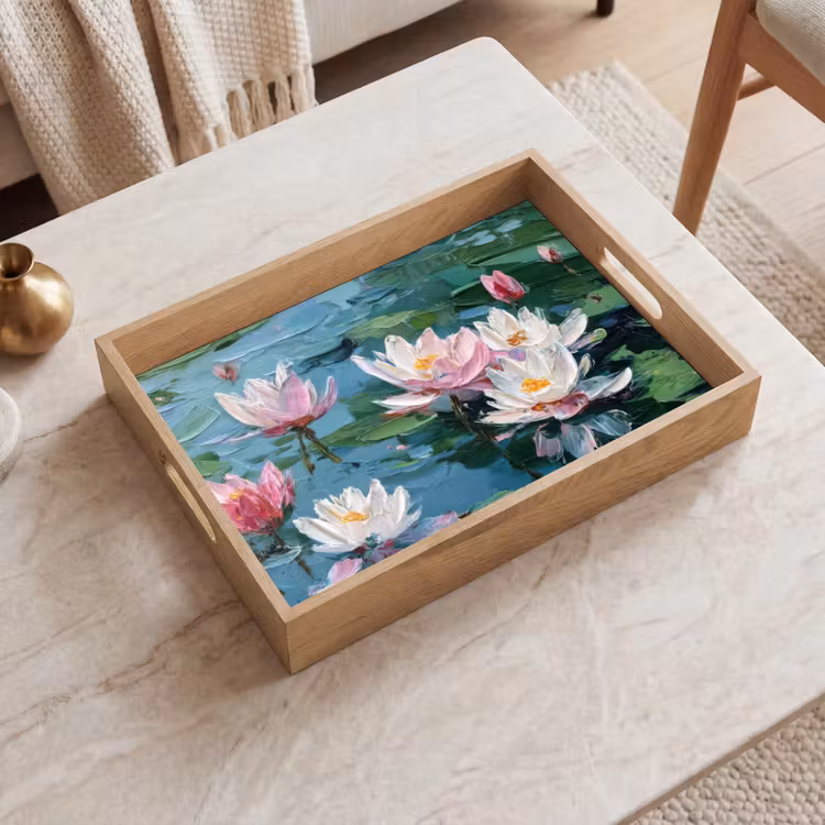 Waterlelies - Bloemen - Roze - Water Dienblad Rechthoek middel -sfeer1