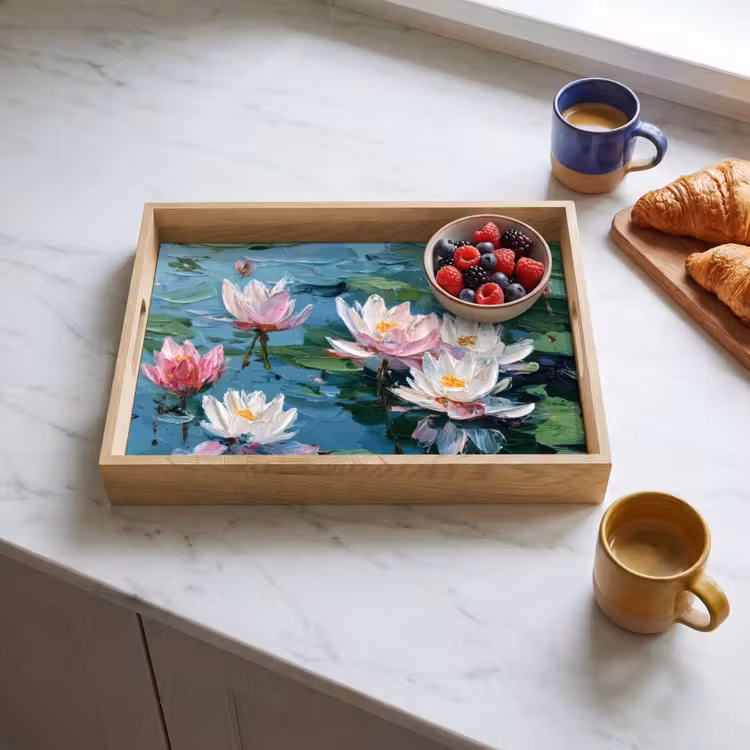 Waterlelies - Bloemen - Roze - Water Dienblad Rechthoek middel -sfeer2