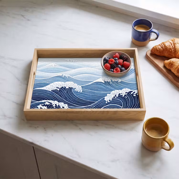 Water - Mozaïek - Landschap - Modern - Blauw Dienblad Rechthoek middel -sfeer2