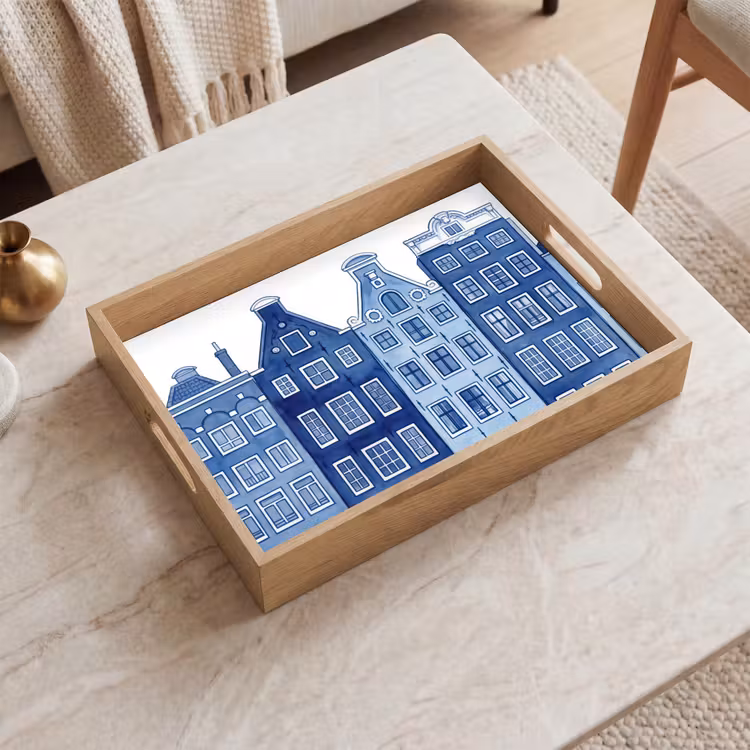 Aquarel - Grachtenpanden - Delfts - Blauw Dienblad Rechthoek middel -sfeer1