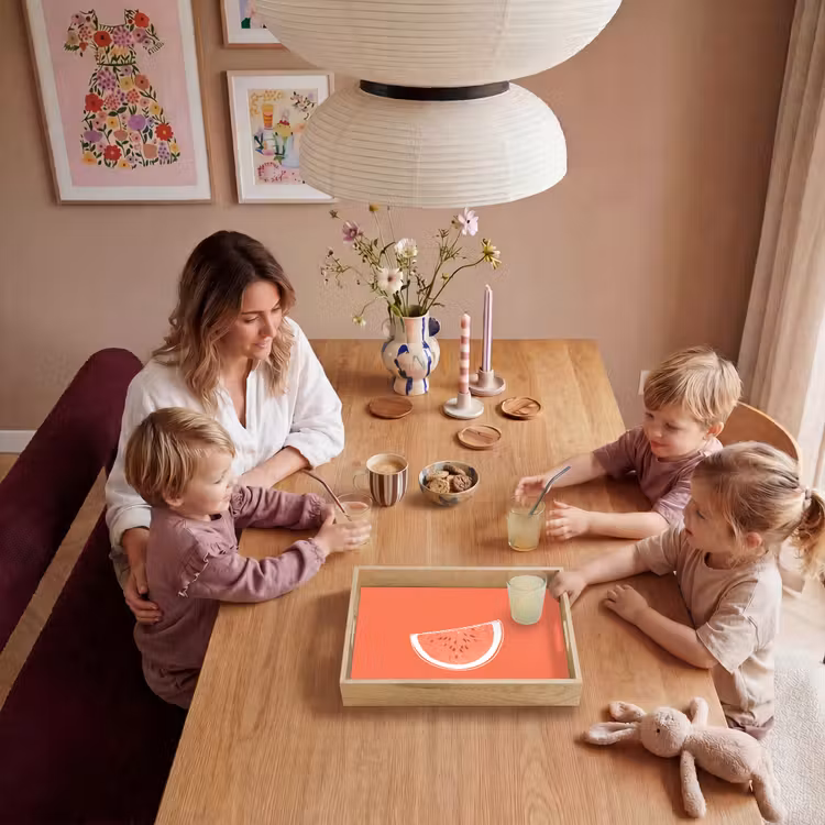 Watermeloen - Lijnen - Koraalrood Dienblad Rechthoek middel -sfeer4