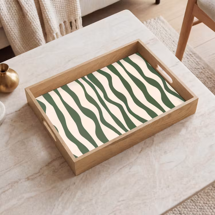 Golvende lijnen - Beige - Groen - Strepen - Abstract Dienblad Rechthoek middel -sfeer1