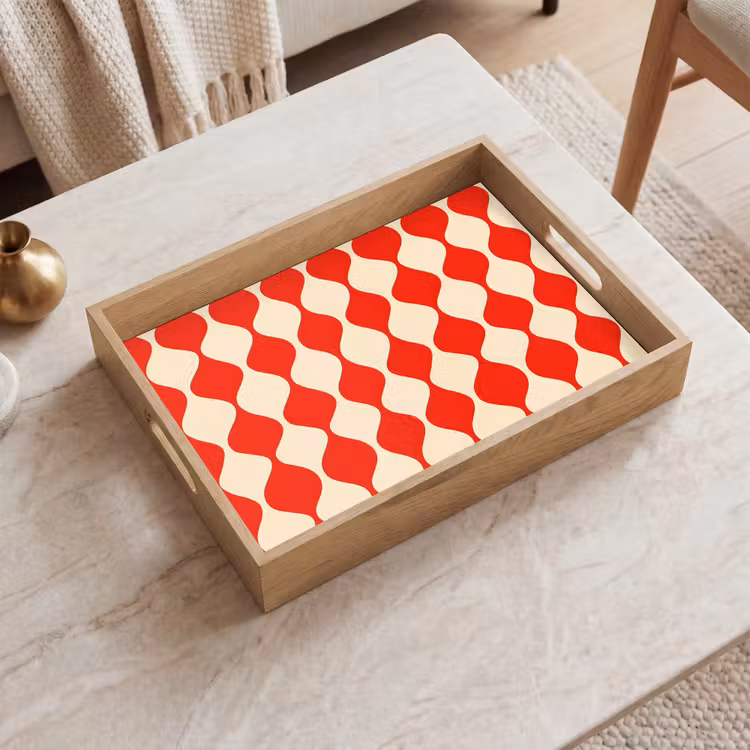 Golvend patroon - Retro - Rood - Beige Dienblad Rechthoek middel 911 -sfeer1