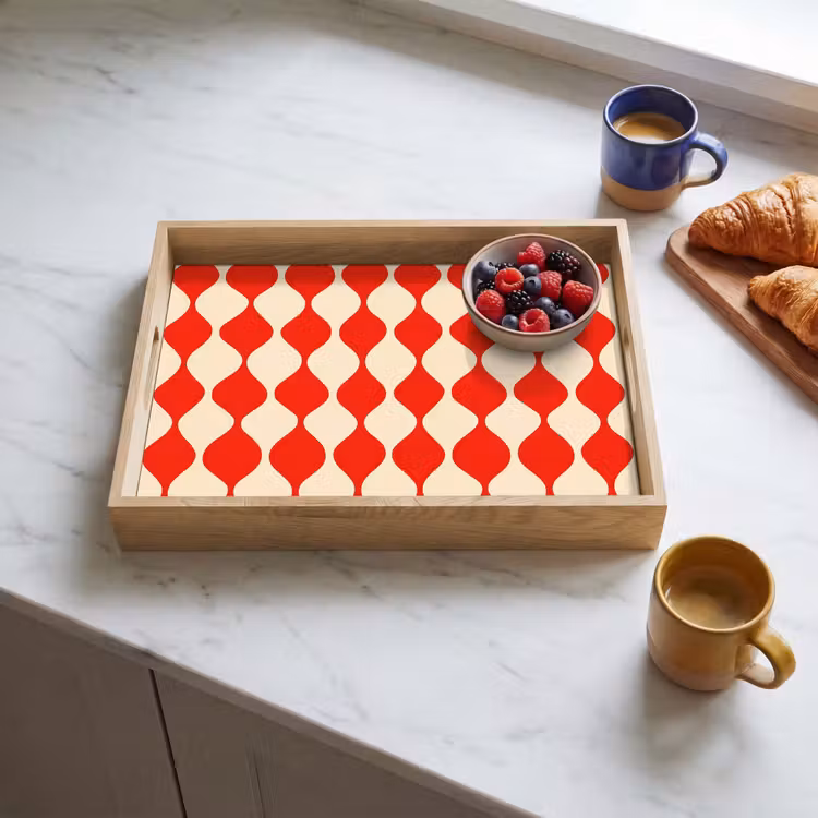 Golvend patroon - Retro - Rood - Beige Dienblad Rechthoek middel 911 -sfeer2