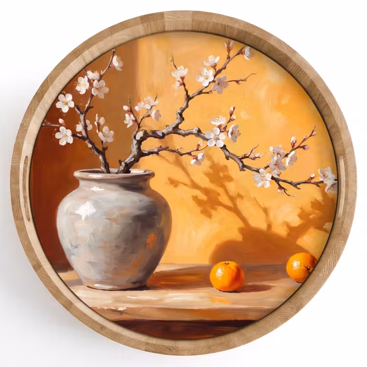 Tray - White Flowers - Still Life - Witte bloemen - Stilleven Dienblad Rond middel