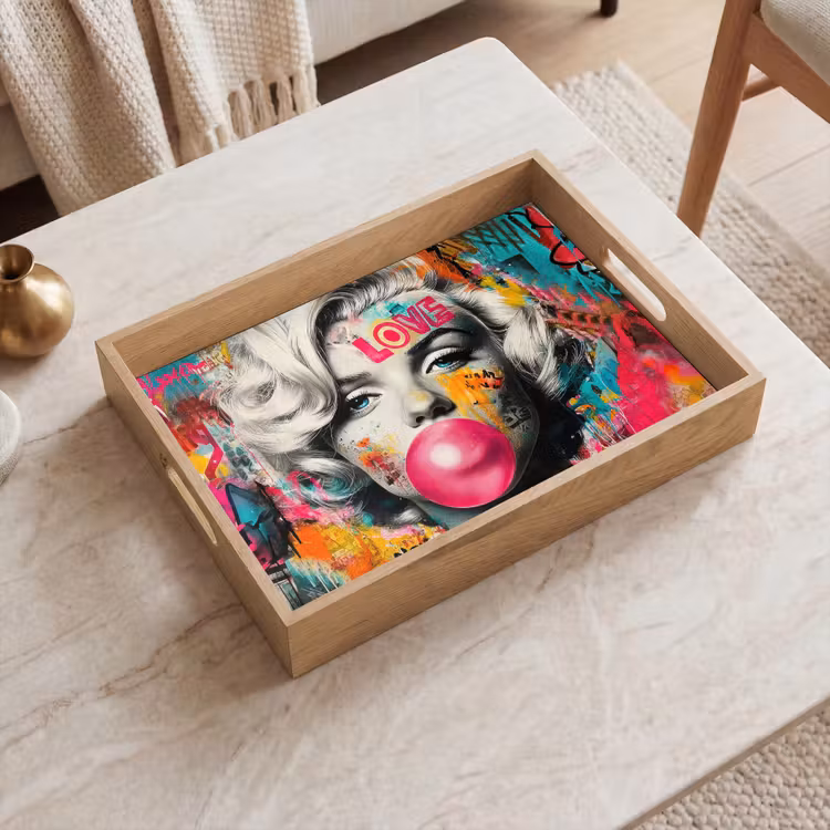 Vrouw - Kauwgom - Graffiti - Neonkleuren Dienblad Rechthoek middel -sfeer1