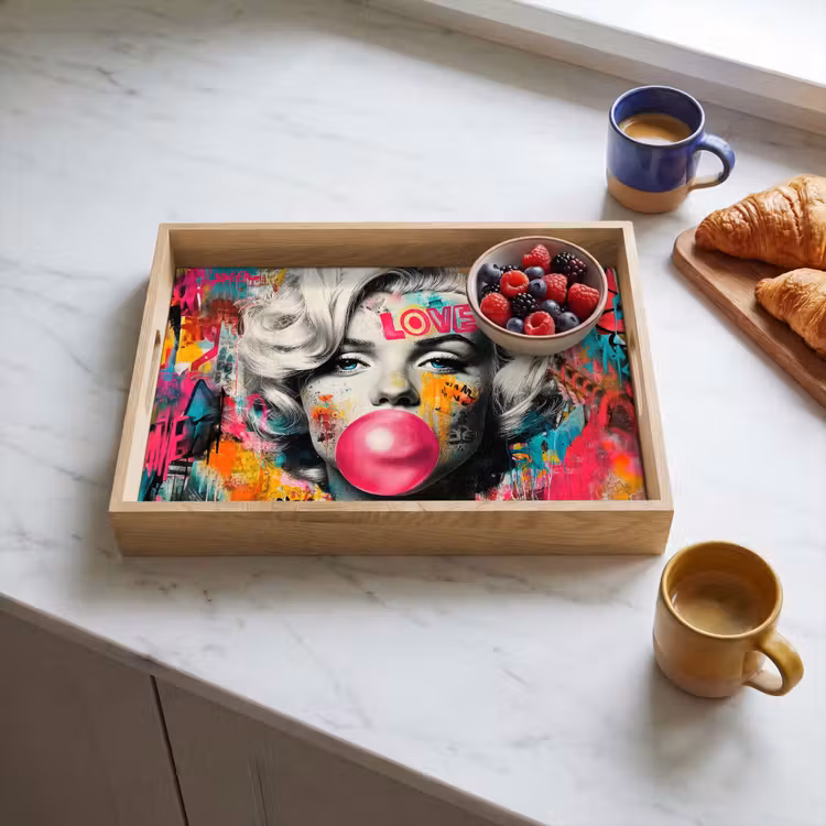 Vrouw - Kauwgom - Graffiti - Neonkleuren Dienblad Rechthoek middel -sfeer2