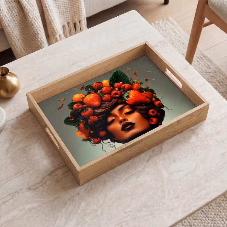 Vrouw - Chocolade - Frambozen - Aardbeien - Koekjes Dienblad Rechthoek middel -sfeer1