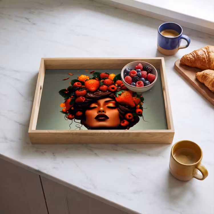 Vrouw - Chocolade - Frambozen - Aardbeien - Koekjes Dienblad Rechthoek middel -sfeer2