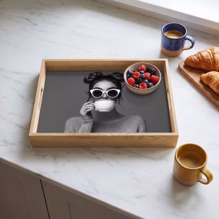 Vrouw - Koffie - Zwart - Wit Dienblad Rechthoek middel -sfeer2