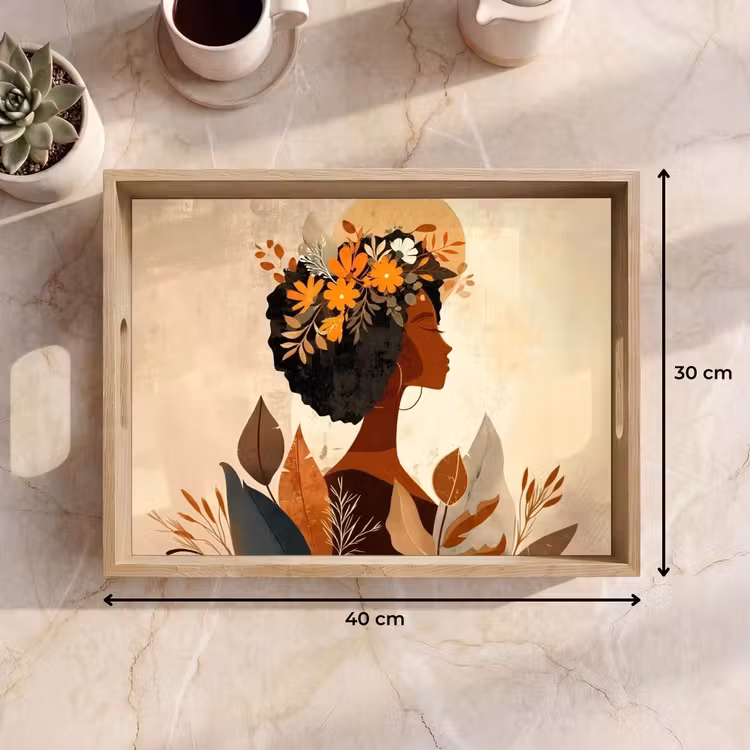 Vrouw - Krullen - Bloemen - Beige Dienblad Rechthoek middel -USP_Formaat