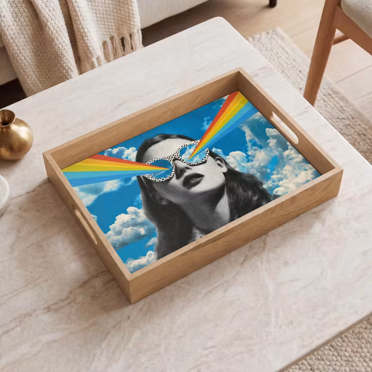 Vrouw - Bril - Regenboog - Wolken Dienblad Rechthoek middel -sfeer1