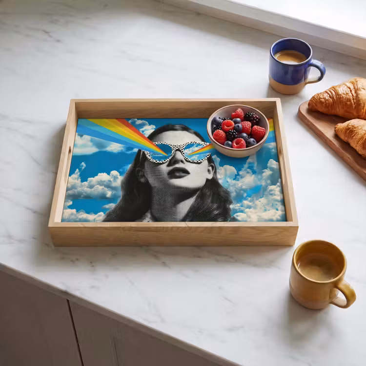 Vrouw - Bril - Regenboog - Wolken Dienblad Rechthoek middel -sfeer2