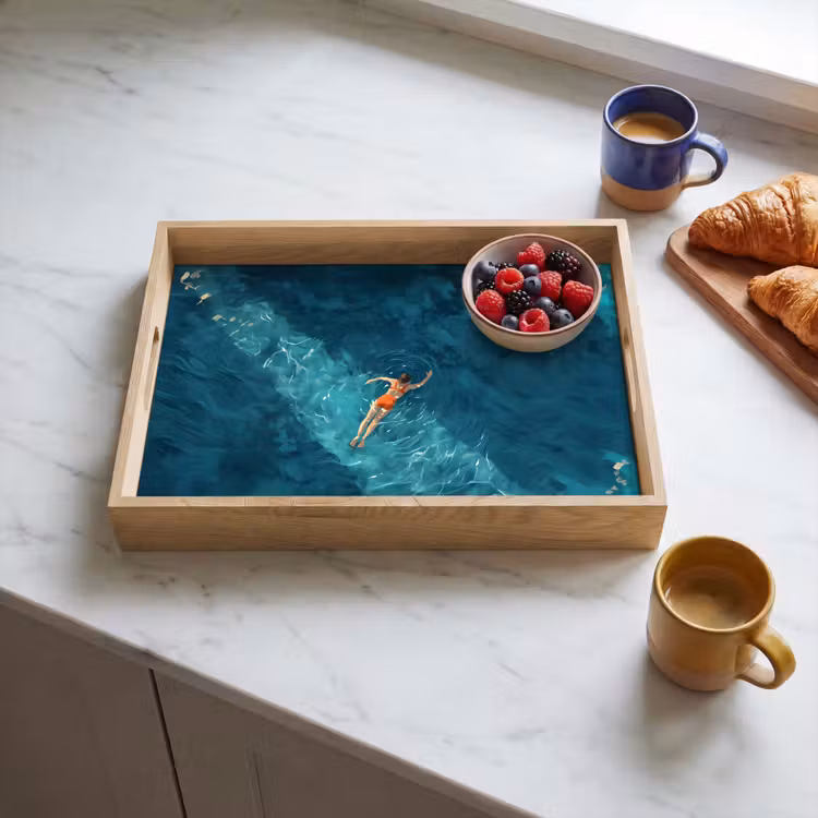Vrouw - Water - Bikini - Oranje Dienblad Rechthoek middel -sfeer2