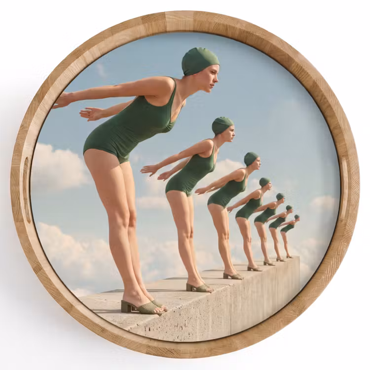 Tray - Women - Diving Pose - Clouds - Vrouwen - Duikhouding - Wolken Dienblad Rond middel