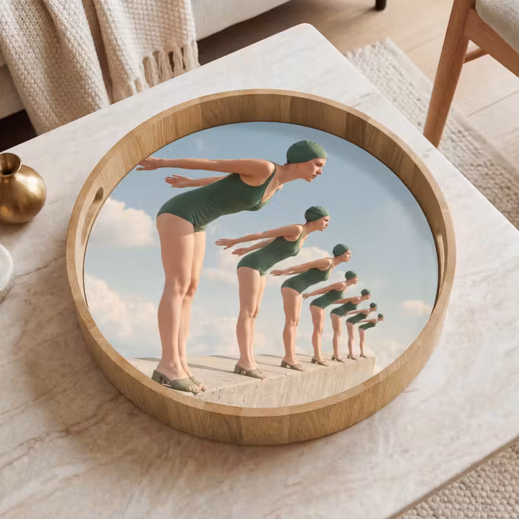 Tray - Women - Diving Pose - Clouds - Vrouwen - Duikhouding - Wolken Dienblad Rond middel
