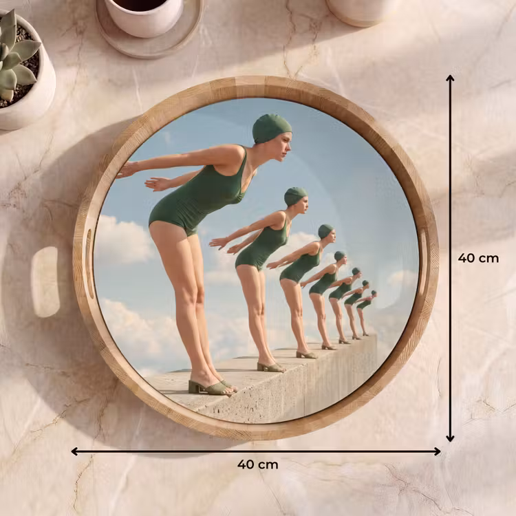 Tray - Women - Diving Pose - Clouds - Vrouwen - Duikhouding - Wolken Dienblad Rond middel