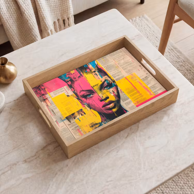 Vrouwengezicht - Krantenpapier - Abstract - Roze Dienblad Rechthoek middel -sfeer1