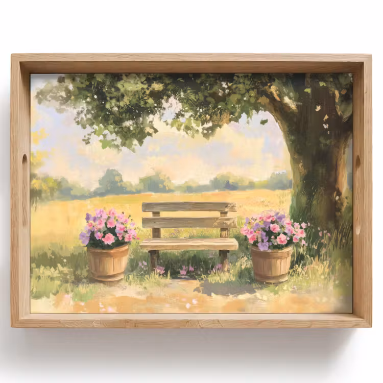 Houten bankje - Bloempotten - Landschap Dienblad Rechthoek middel -z3d_shopping