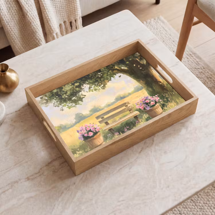 Houten bankje - Bloempotten - Landschap Dienblad Rechthoek middel -sfeer1