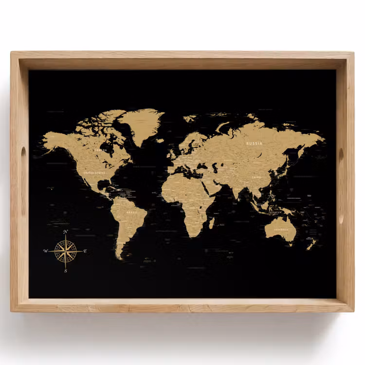 Wereldkaart - Beige - Zwart Dienblad Rechthoek middel -z3d_shopping