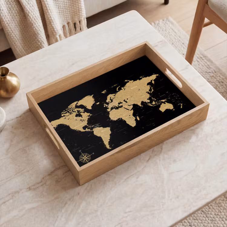 Wereldkaart - Beige - Zwart Dienblad Rechthoek middel -sfeer1