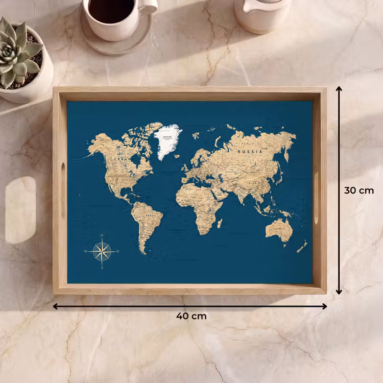 Wereldkaart - Donkerblauw - Beige Dienblad Rechthoek middel -USP_Formaat