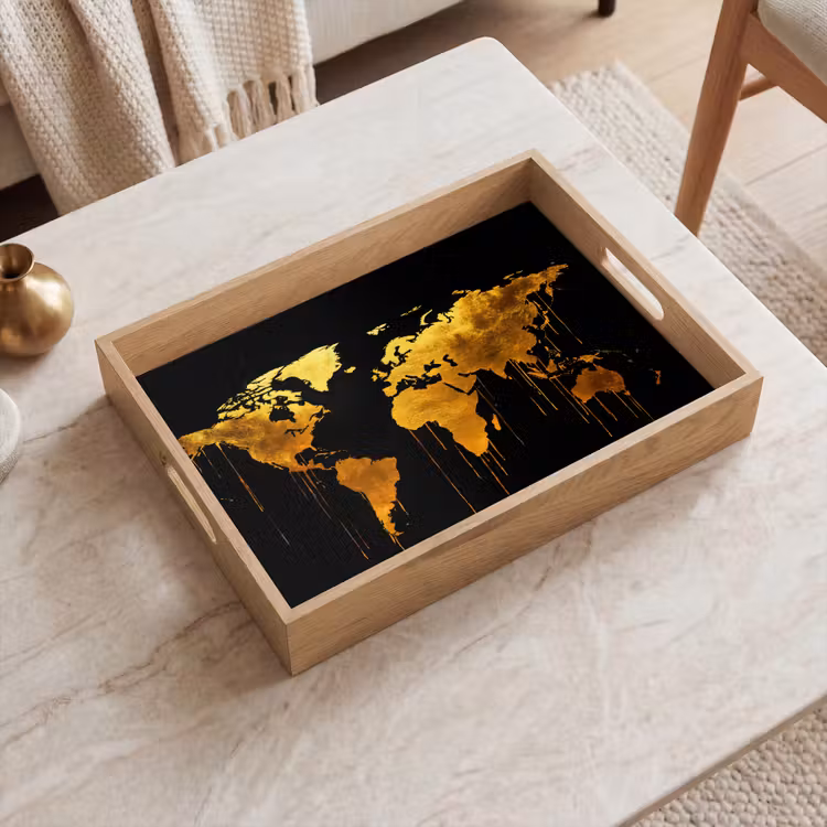 Wereldkaart - Goud - Druipen - Zwart Dienblad Rechthoek middel -sfeer1