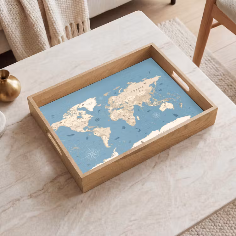 Wereldkaart - Oceaan - Realistisch - Blauw Dienblad Rechthoek middel -sfeer1